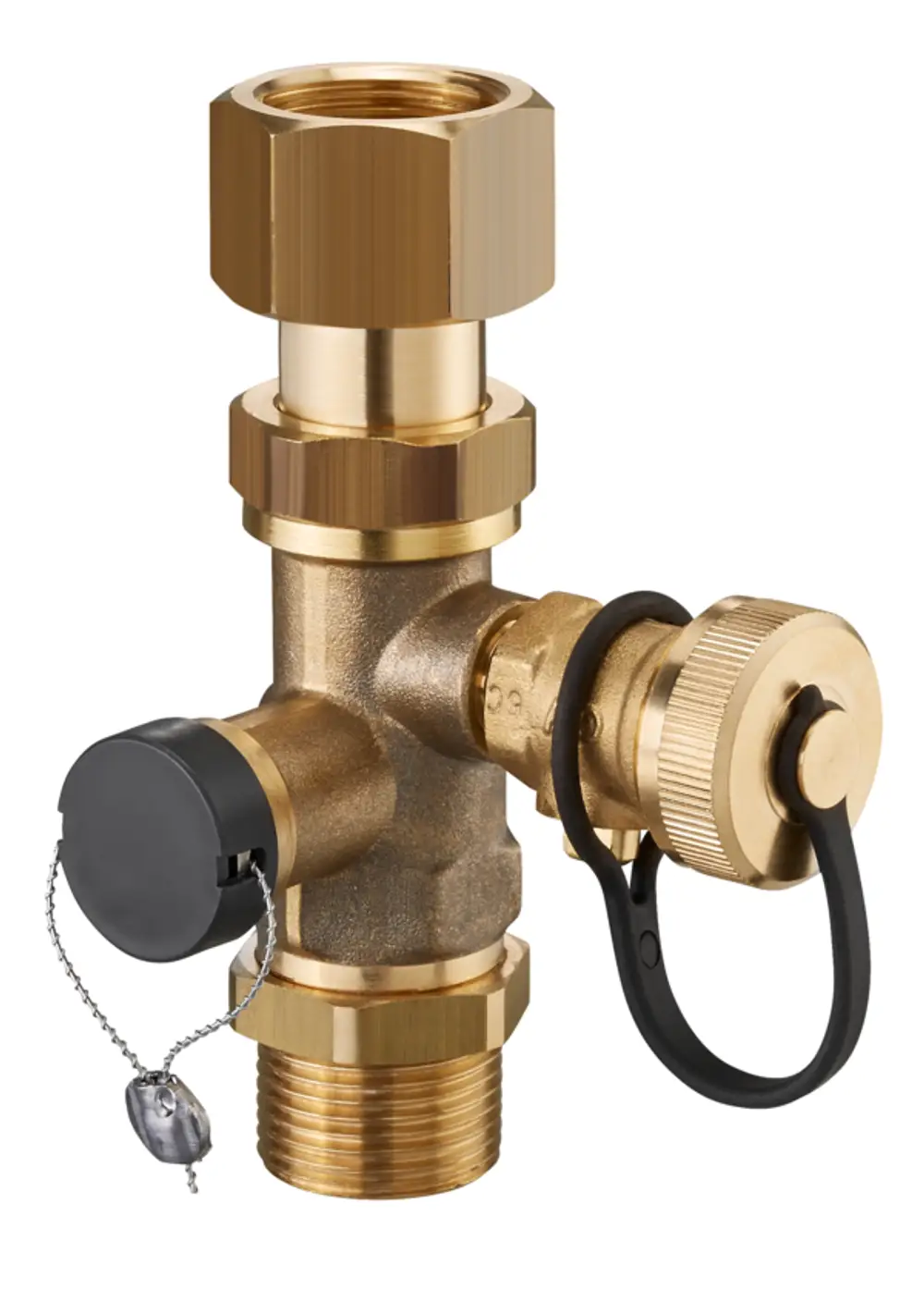 Brass valve with multiple connections and a black cap attached with a chain. Designed for fluid control; marked with Oventrop branding.